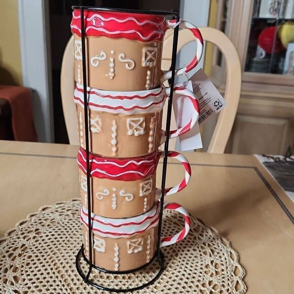 Holiday Time Gingerbread House Glazed Ceramic Mugs with Wire Rack 12 oz … - Picture 3 of 3